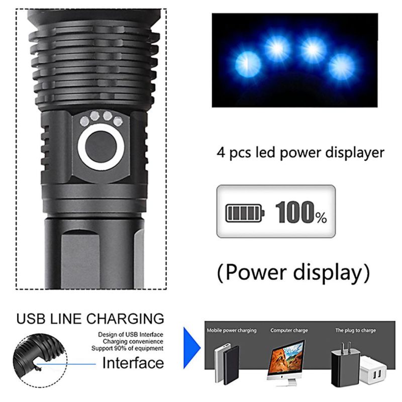 High Power USB Rechargeable Outdoor Camping Searching Work Aluminum LED Flashlight with Zoom in and Zoom out Function