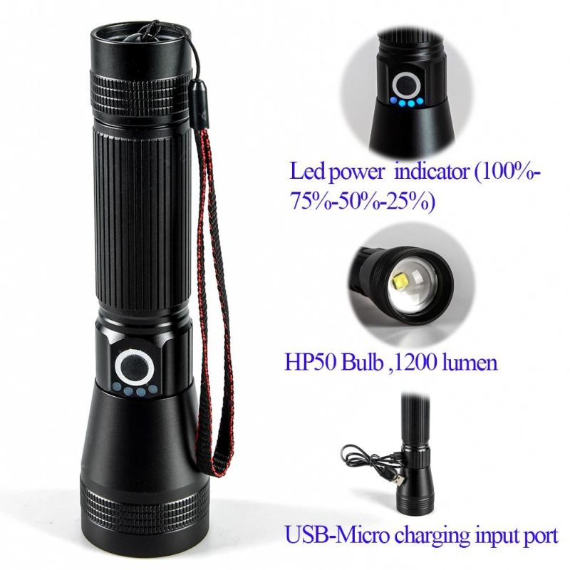 Yichen 1200 Lumen Rechargeable Zoomable Tactical LED Flashlight Portable Guardian Torch