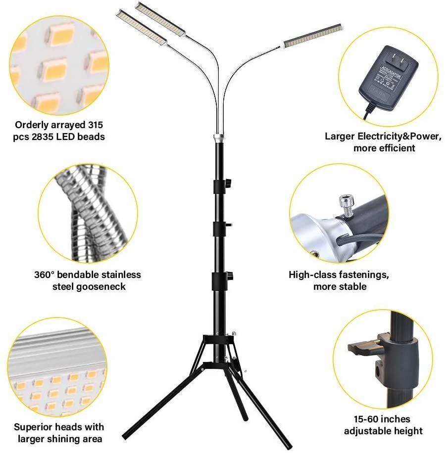 150W 3 Tube LED Grow Lights for Indoor Plants with Tripod Stand, Adjustable Gooseneck 15-55inch, 10 Dimmable Brightness, 4/8/12h Timer, 4 Switch Modes