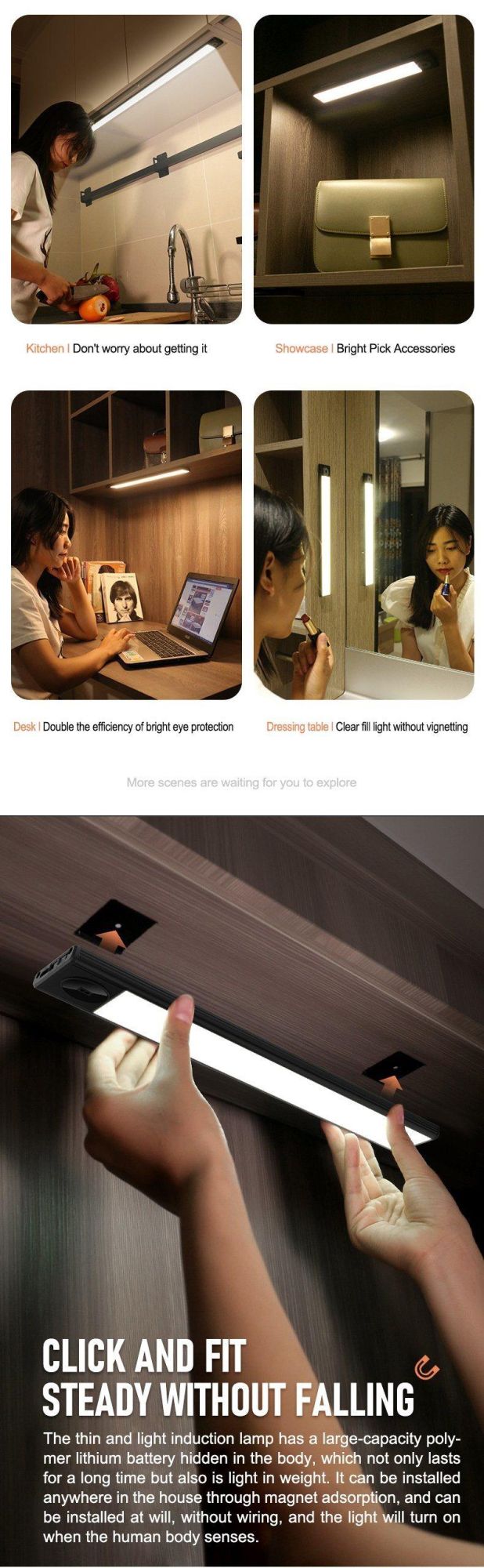 USB Magnetic Suction Cabinet Light Aluminum + PC Human Body Induction Light IP44 Bedroom Porch Cabinet Induction Light