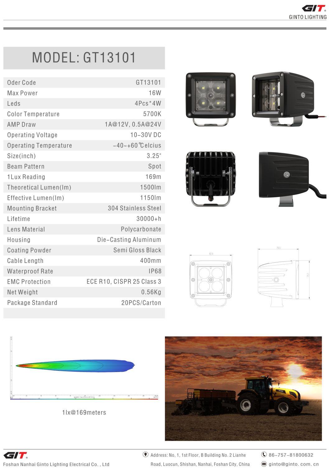 Hot Sale 16W 3inch Square 12/24V Spot/Flood LED Work Light for Offroad Truck SUV