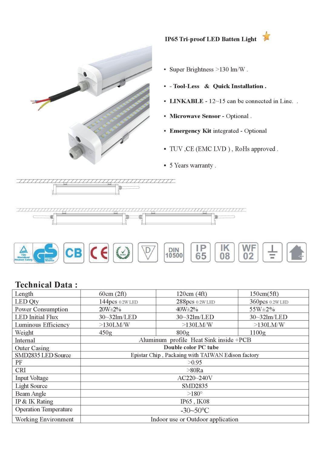 Vapor Tight LED Linear Light Fixture 1.2m 40W Tri-Proof IP65 Tube Lamp