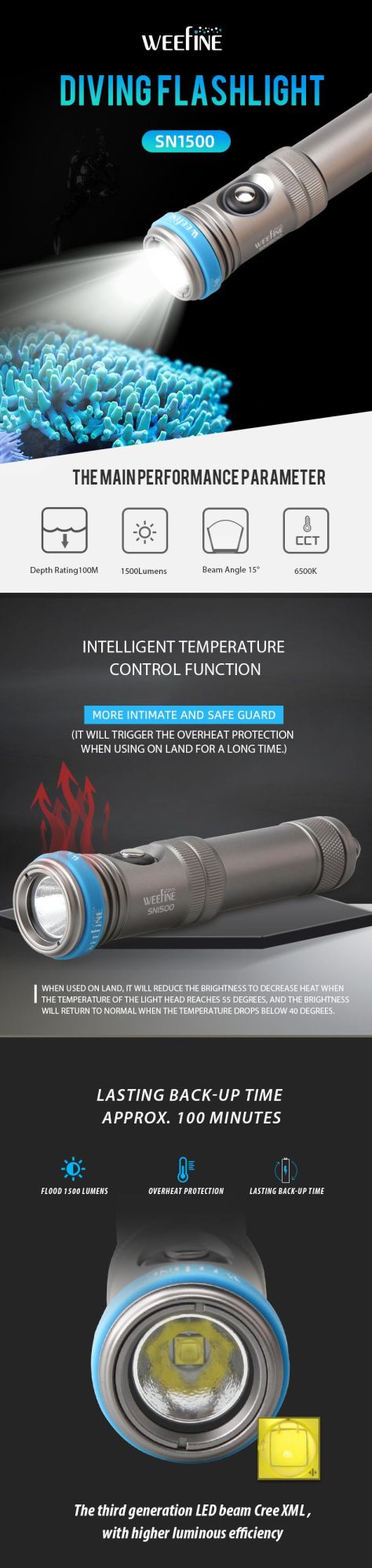 Underwater Scuba Dive Flashlight with Inteligent Temperature Control Function