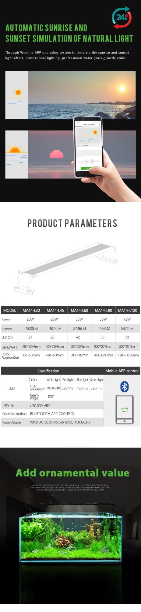 Weefine Wholesale Price LED Aquarium Light for Fish Tank with Bluetooth APP Control (MA14)