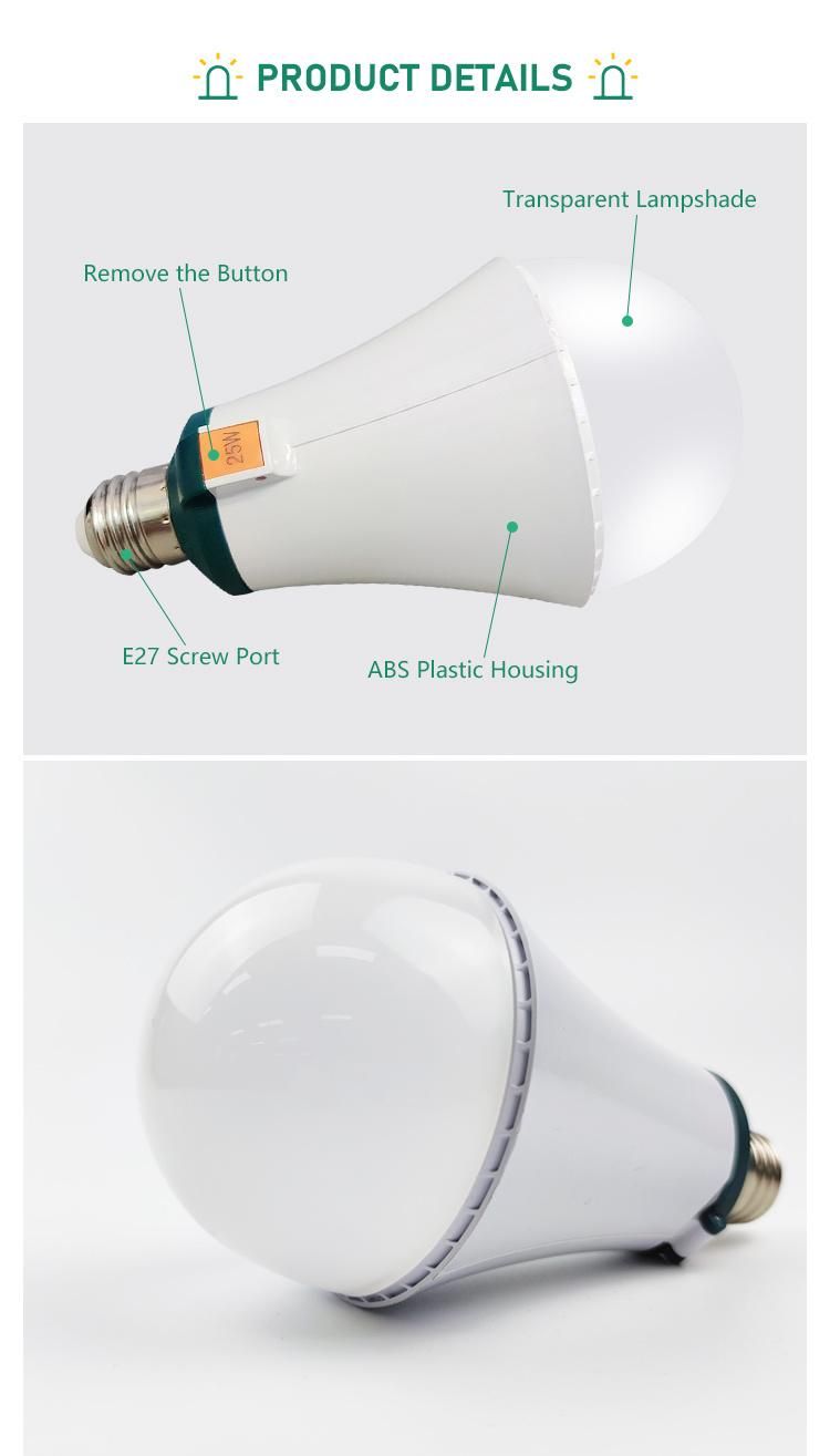 2022 New AC100-256V 25W Rechargeable Battery Lighting LED Emergency Light E27 Bulb for Indoor Home