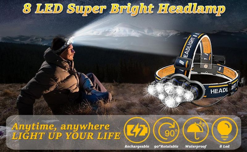 8modes 8 LED Waterproof Head Torch 18650 Headlight Headlamp for Camping Fishing Car Repair Outdoor Hiking
