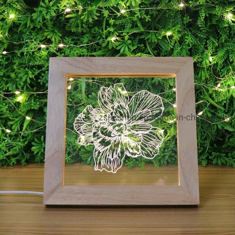 Decorative Lighting Beautiful Flower Acrylic Bedside Desk Lamp Wooden LED Photo Frame Night Light with USB Switch