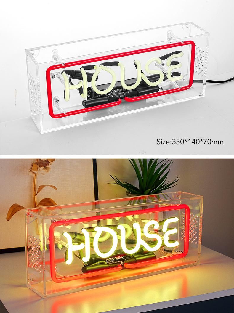 Custom LED Glass Neon Sign Light Clear Box Neon Light on Desktop