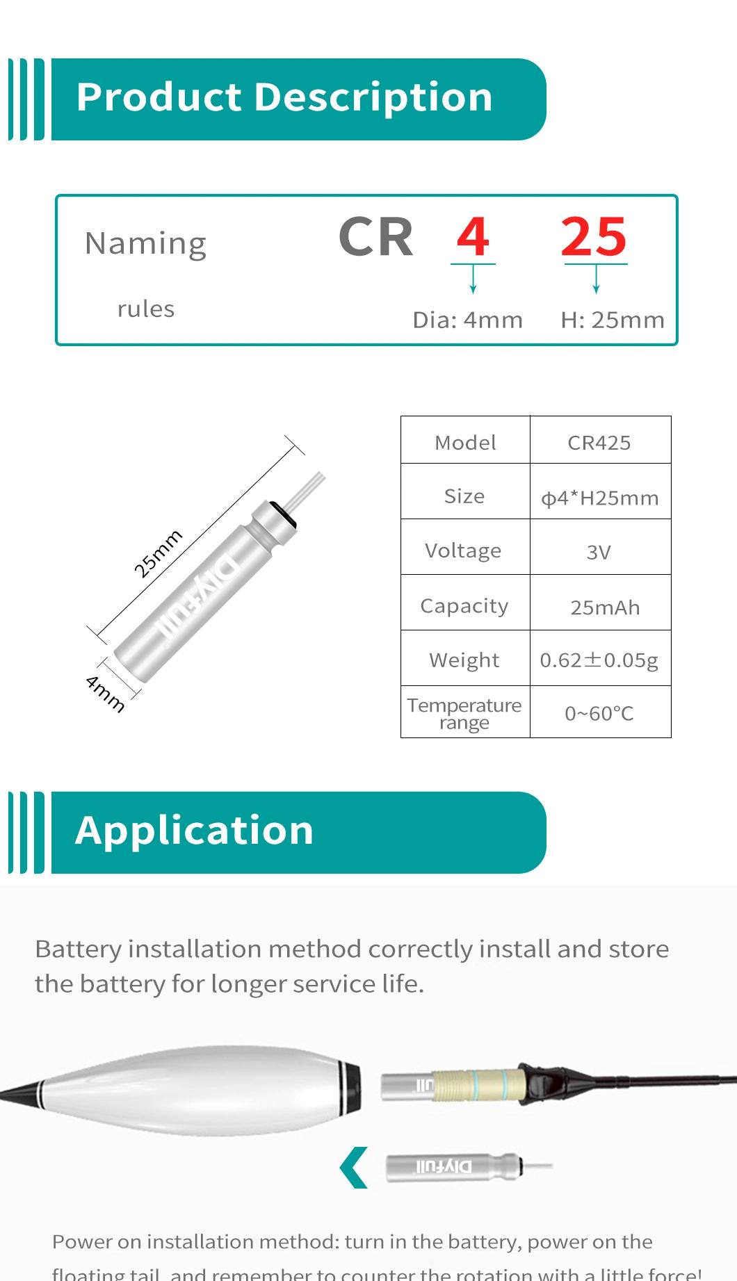 Dlyfull 3V Cr425 Pin Type Battery for Night Fishing Battery