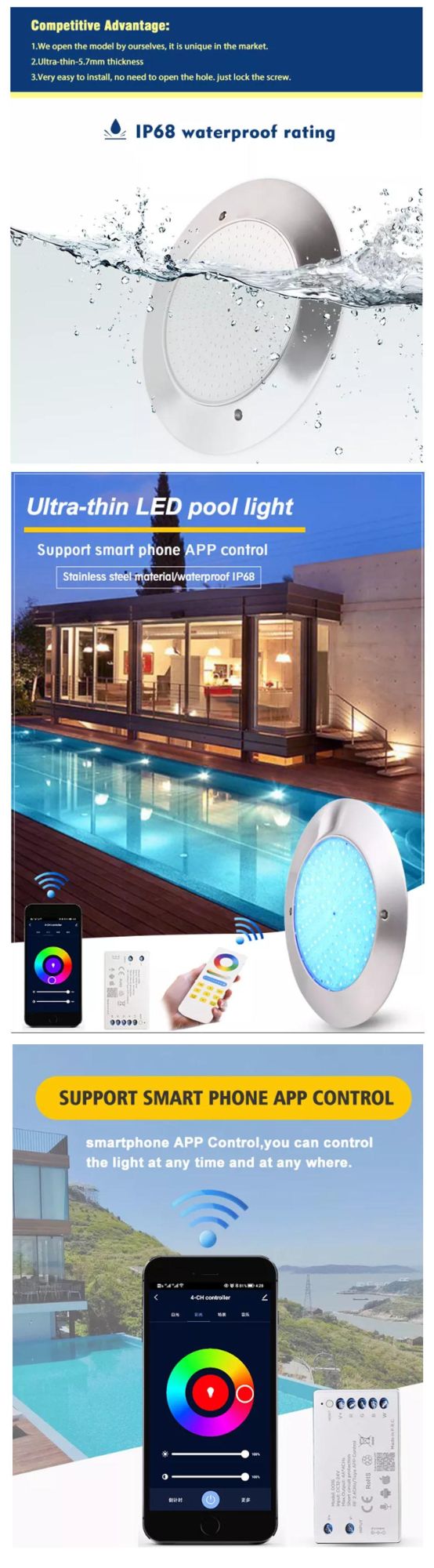 WiFi Pool Light 35W 2022 New Arrival IP68 Waterproof Intelligent Control Ultra-Thin Stainless Steel Resin Filled Swimming Pool Light