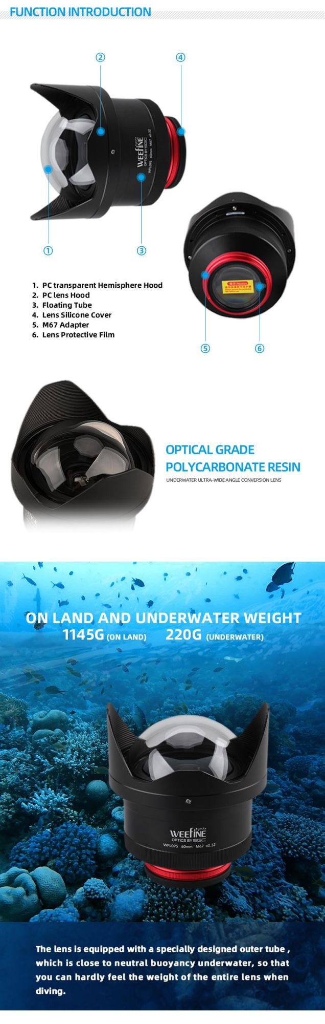 Ultra-Wide Angle Conversion Lens with M67 Thread Optimized for 60cm Camera Housing Case Underwater Photography