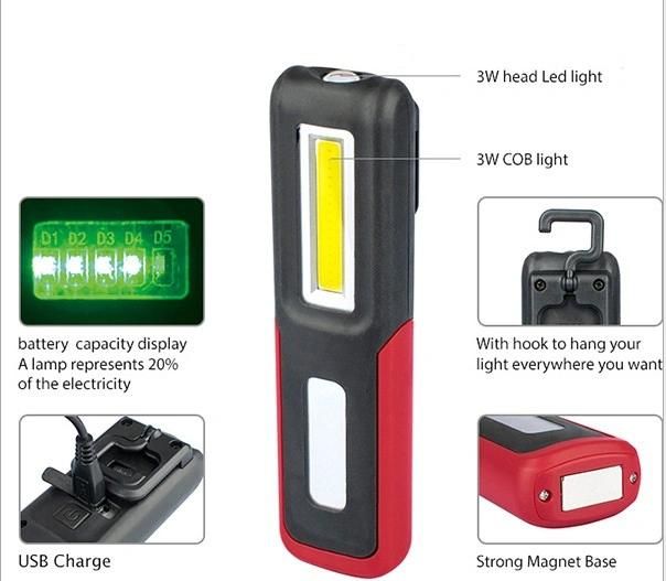 Portable Inspection Lamp USB Rechargeable Multifunction COB LED Work Light Torch Light with Magnetic Stand and Hook