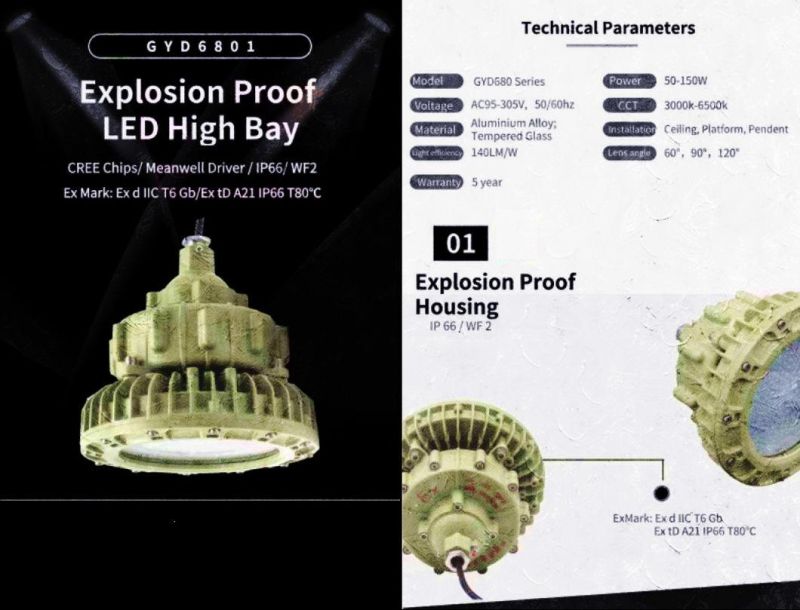 IP66 or IP67 Flame Proof Atex Zone 1 & Zone 21 LED High Bay and Flood Light 100W 120W 150W 185W 200W Luminaires for Use in Hazardous (Classified) Locations