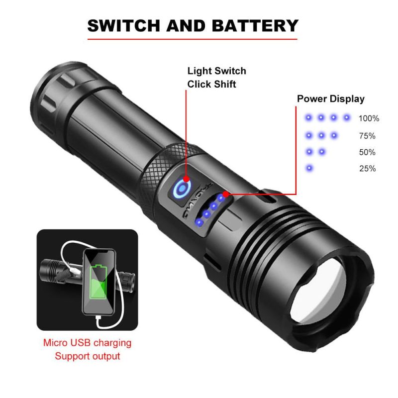 Xhp70+COB Red and White Light Strong Flashlight New Zoom P70 Flashlight COB Rechargeable Flashlight