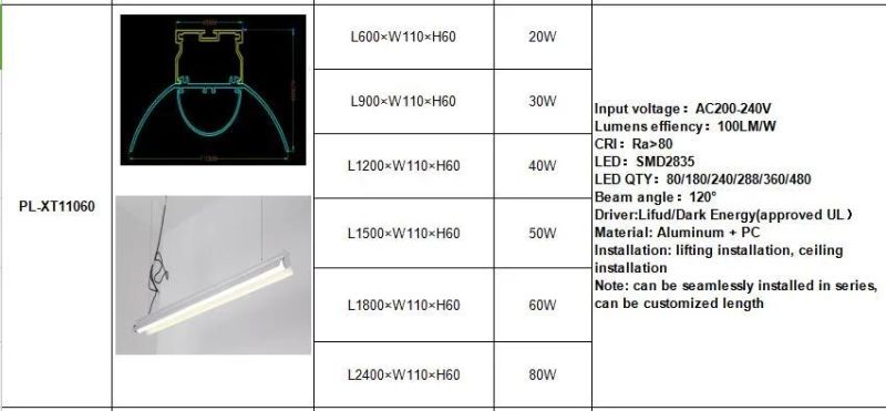 Good Quality 2400*110*60mm LED Linear Light 80W with 3 Years Warranty