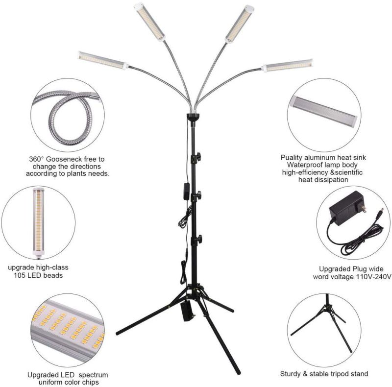 150W 4 Tube Full Spectrum with 60" Extendable Tripod Stand,420 LEDs 200W Auto on/off Timing Function Four-Heads Floor Plant Grow Light for Indoor Various Plants