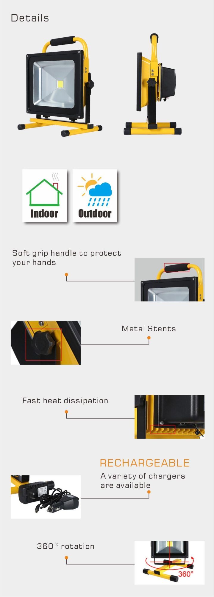 IP65 Waterproof Outdoor Rechargeable Battery Flood Light