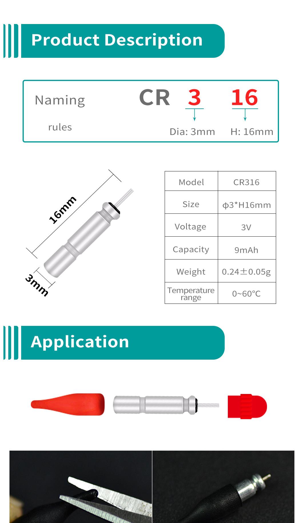 Dlyfull Factory Customized Direct Sales Cr316 3V Electronic Luminous Float Pin Battery for Fishing Float Lithium Battery