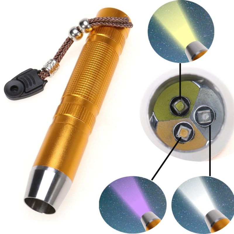 New 3 LED UV Light+ Yellow Light+White Light Jade Agate LED Flashlight