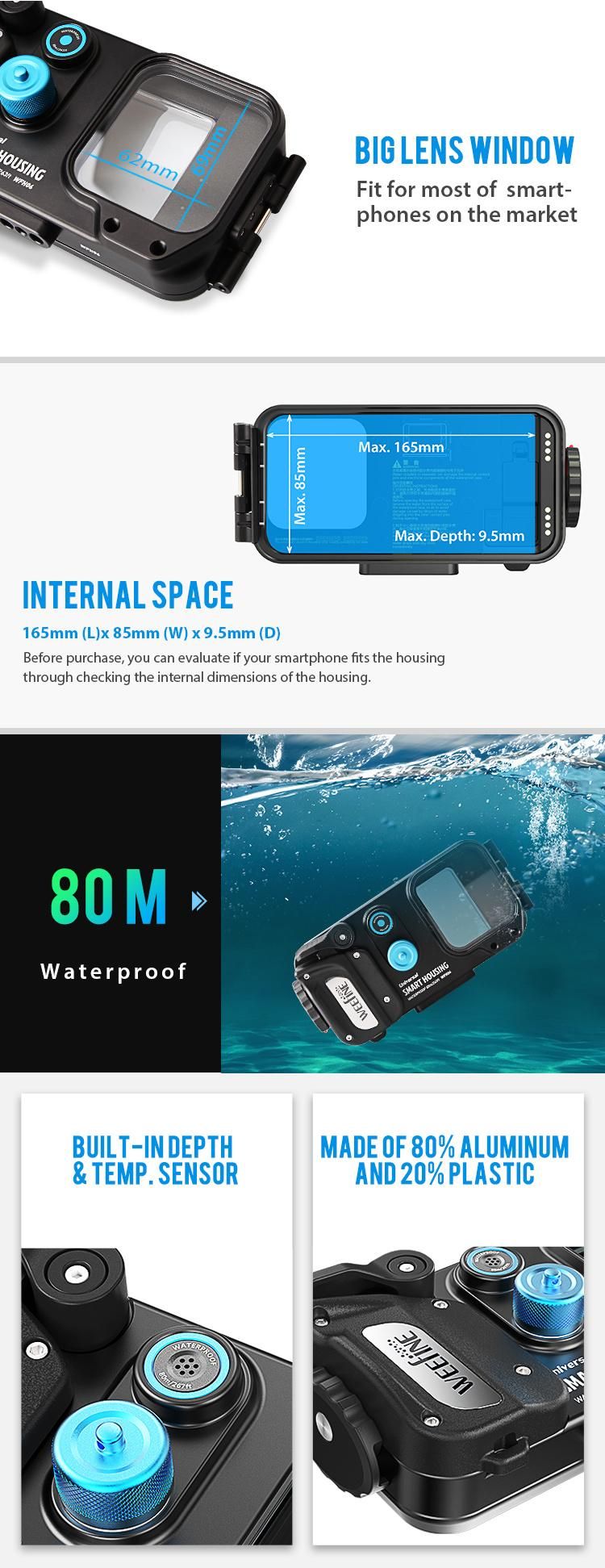 Universal Smart Phone Housing Compatible with Many Smart Phones for Underwater Camera Photographing
