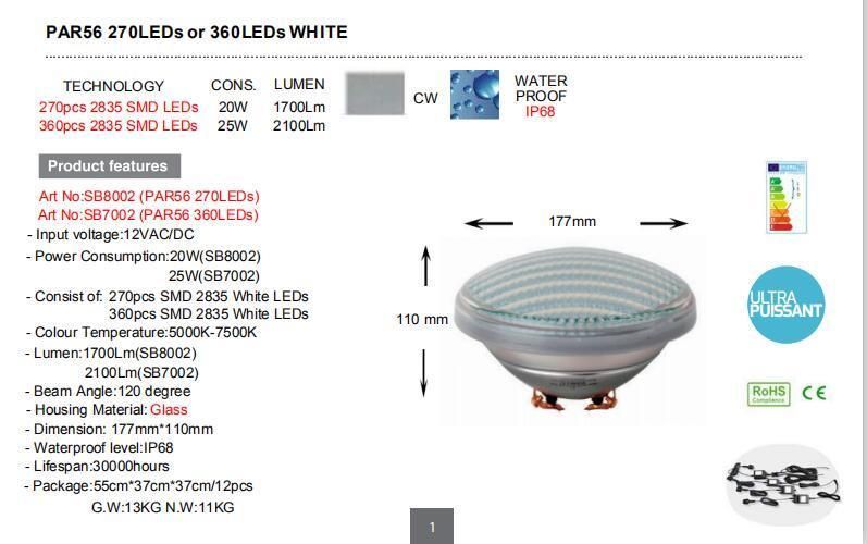Swimming Pool Lamp Underwater LED Light Glass 12V 25W PAR56 360LEDs White<Sb7002>
