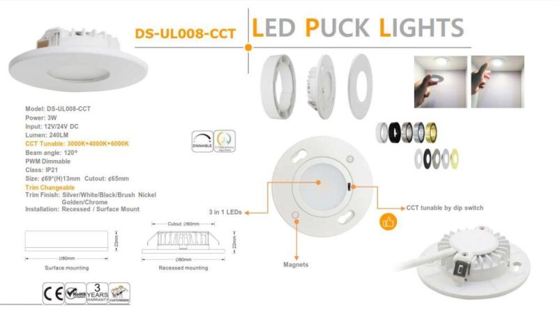 3 in One Color Temperature Adjust LED Cabinet Light 3W LED Mini Downlight