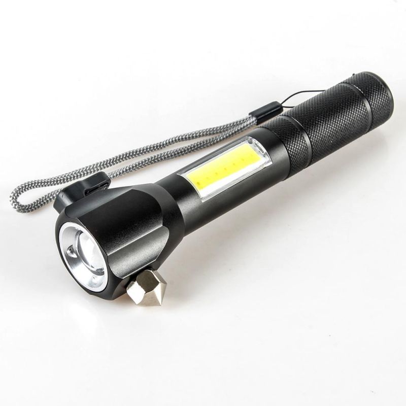 Yichen Rechargeable Zoomable LED Safety Car Emergency Flashlight with Red Warning Light Belt Cutter and Window Breaker