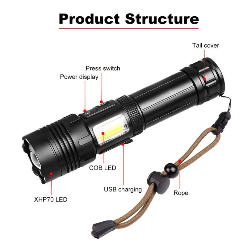 Xhp70+COB Red and White Light Strong Flashlight New Zoom P70 Flashlight COB Rechargeable Flashlight