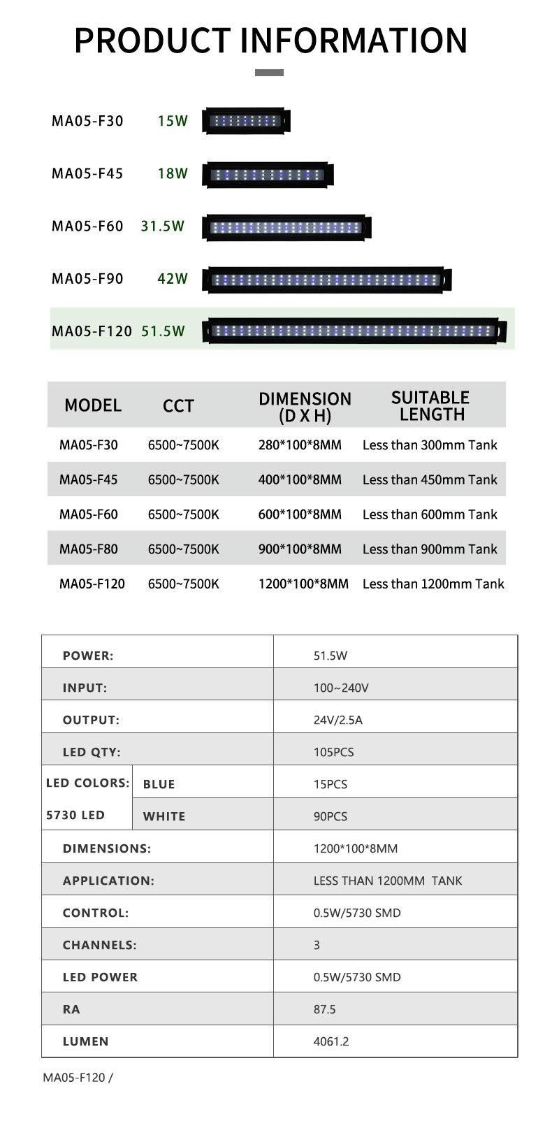 51.5W Alumiunum Fish Tank LED Light with CE Approval (MA05-F120)