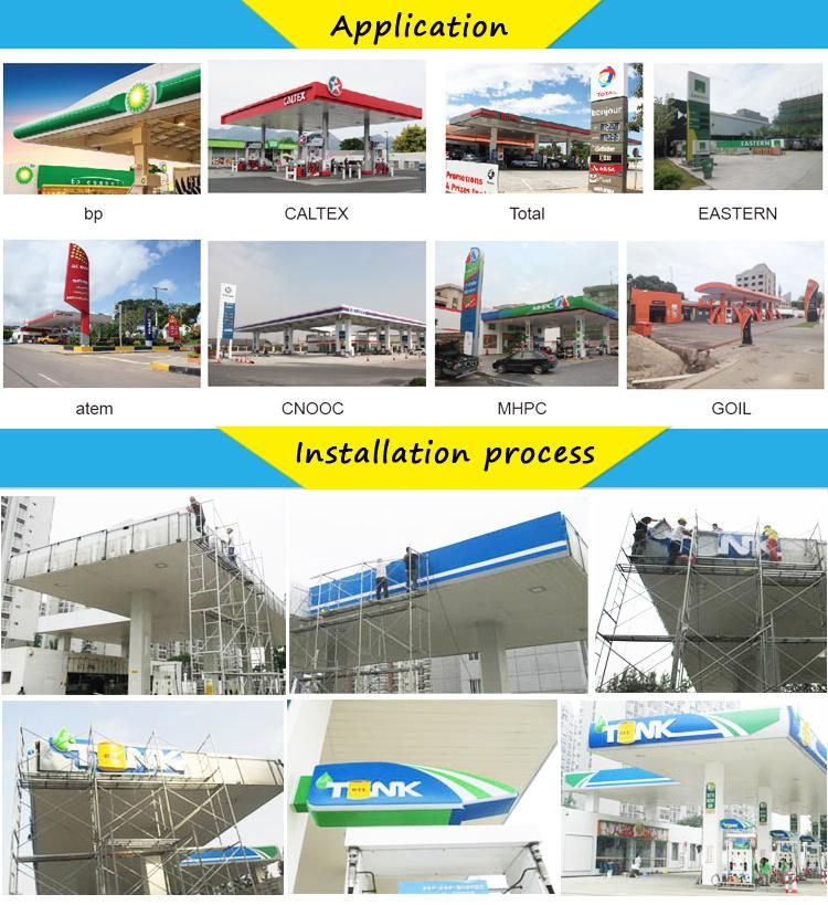 Gasoline Petrol Stations Advertising Light up Equipment Canopy Signages Steel Structure Fascia Canopy