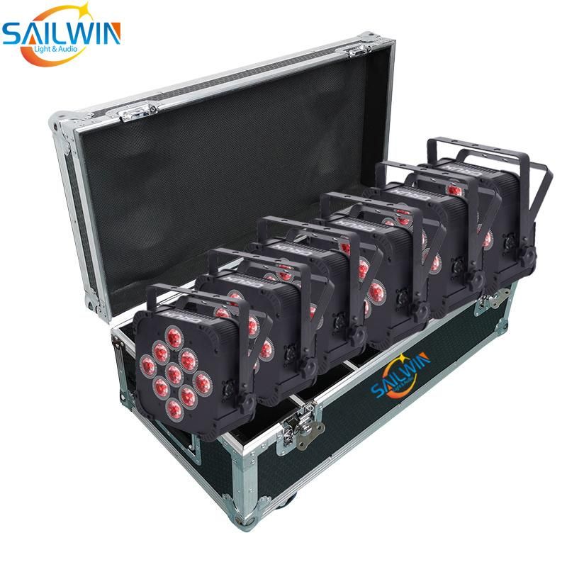 USA Stock 9X18W Rgbaw UV Battery Powered Wireless DMX LED Flat PAR Light with Charging Flight Case