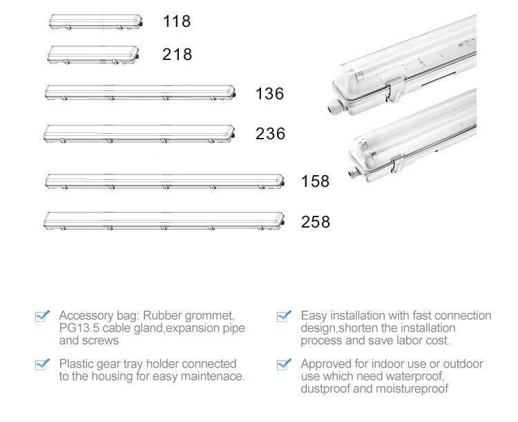 2X58W 5FT Vaporproof Fluorscent Light Fixture with Ce