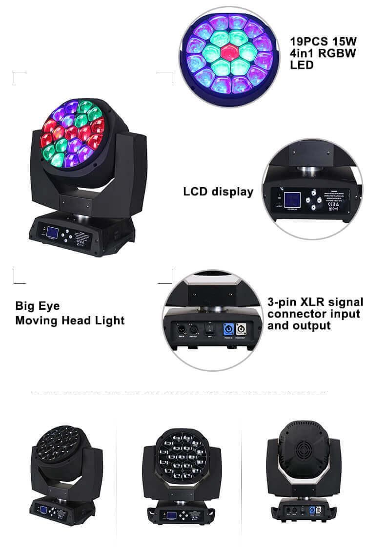 LED Moving Head Light DJ Lighting Uplighter Disco 19PCS*15W LED Bee Eye Zoom Stage Lights