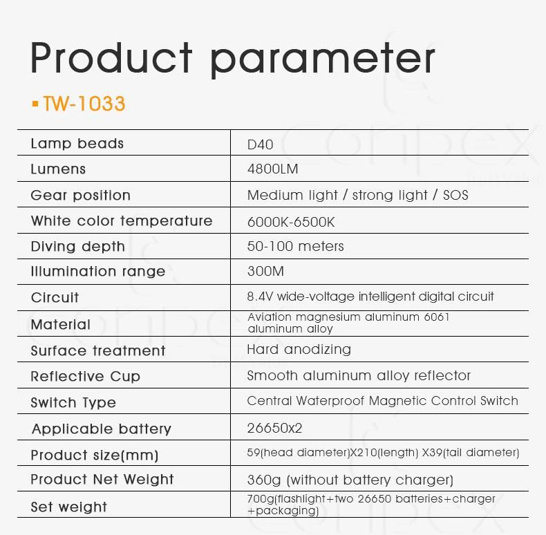 Conpex LED Powerful Flashlight Tw-1033 Model OEM/ODM