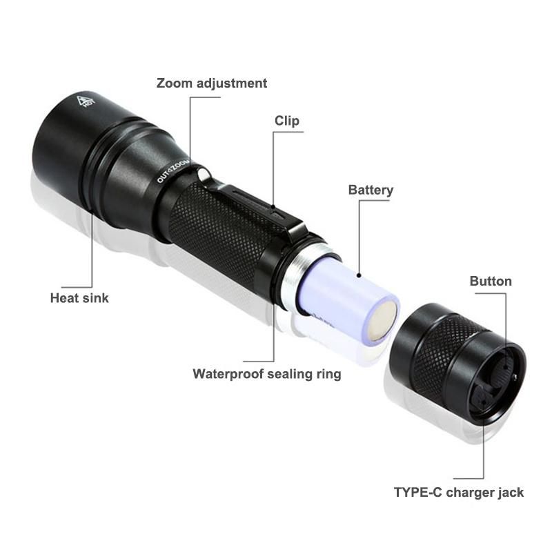 Super Bright Outdoor Torch LED Flashlight for Camping Emergency Aluminum 18650 Xml T6 LED Flashlight USB Rechargeable Zoom Flashlight