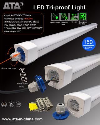 150lm/W Ik09 IP65 20W/30W/40W/50W/60W/80W/100W LED Tri-Proof Light