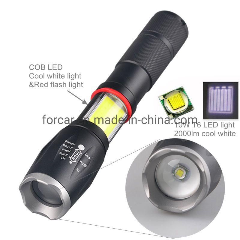 Quality T6 Tactical Torch Light Camping Rechargeable LED Torch Lamp Waterproof Powerful COB Magnetic Work Lights with Red Warning Zoomable LED Flashlight