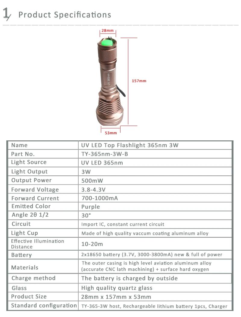 Powerful UV Torch Used for Testing 365nm 3W