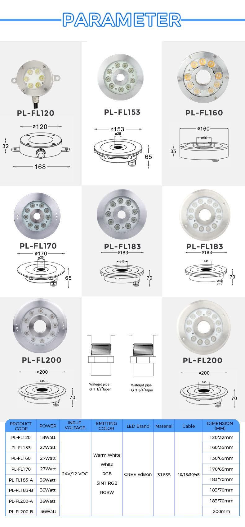 Poolux Stainless Steel 27W Nozzles Motif Outdoor Submersible IP68 Low Voltage 12V 24V RGB RGBW DMX Pool LED Underwater Fountain Ring Lights