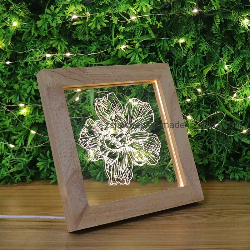 Decorative Lighting Beautiful Flower Acrylic Bedside Desk Lamp Wooden LED Photo Frame Night Light with USB Switch