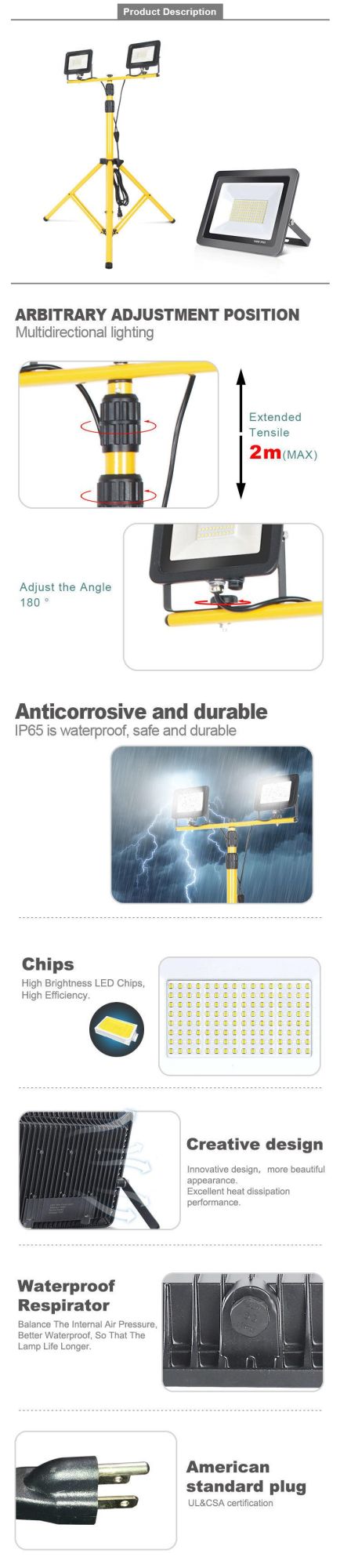 IP65 Water Proof Outdoor 2 Heads 200W 16000lm Foldable LED Emergency Work Flood Light Lamp with Telescopic Tripod