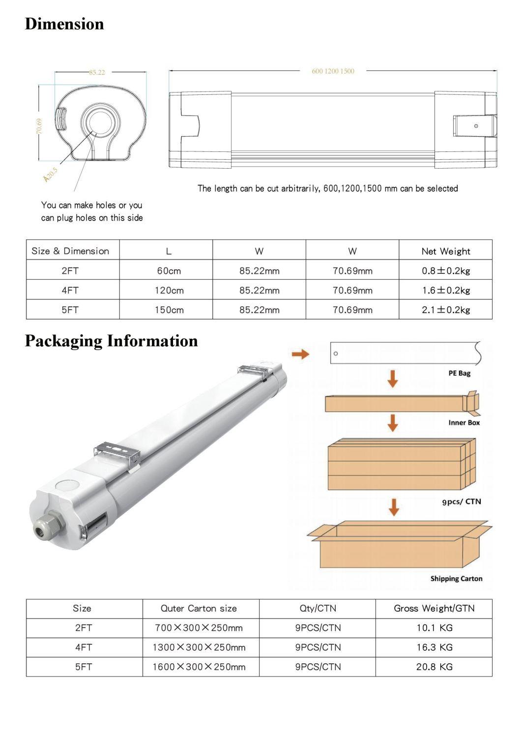 IP65 Lampara Prueba De Vapor Ajustado LED 40W 1.2m Impermeable