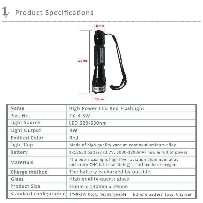 LED Flashlight Red Light Torch 3W