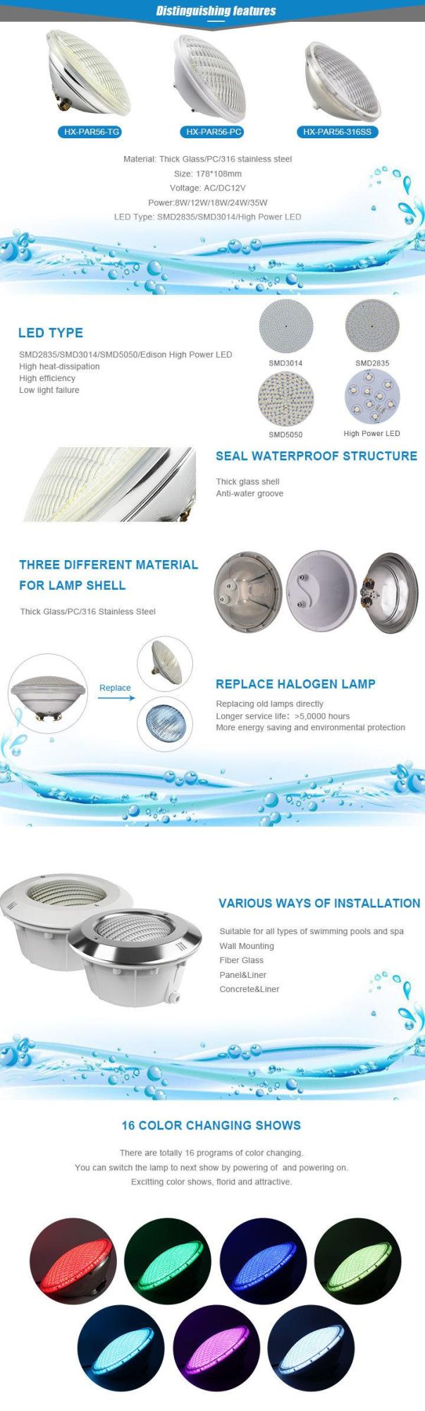 316 Stainless Steel IP68 RGB 35W PAR56 Underwater LED Swimming Pool Light for for Piscina