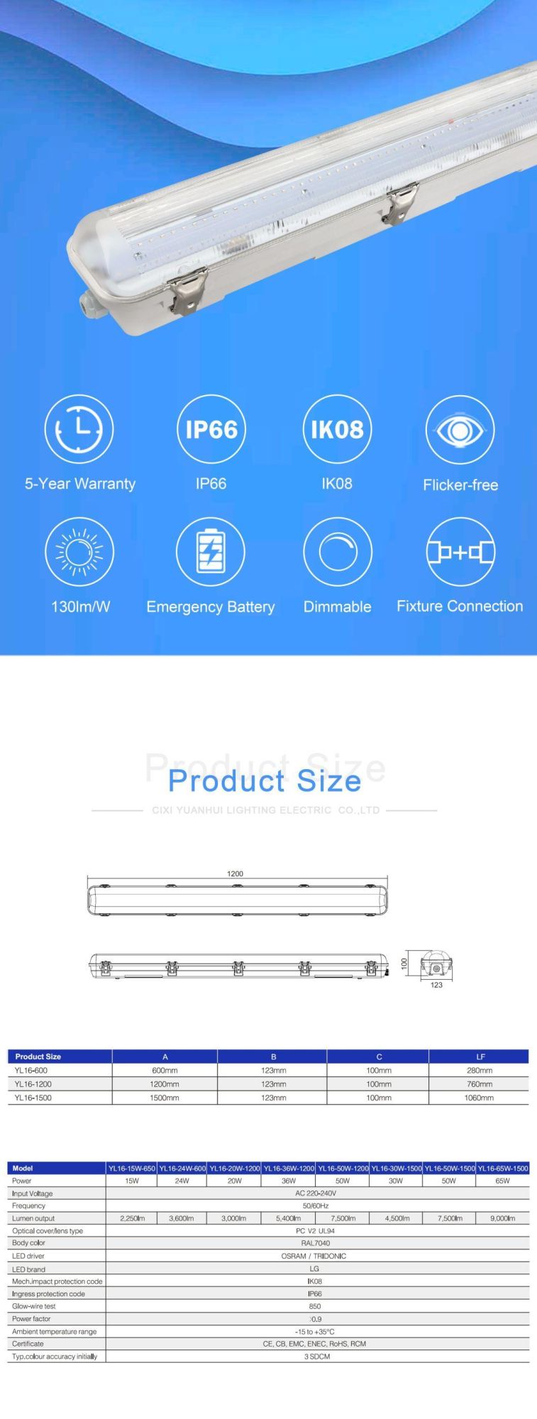 LED Triproof Light 600mm 15W 24W Dali Emergency IP66 Waterproof Triproof Light