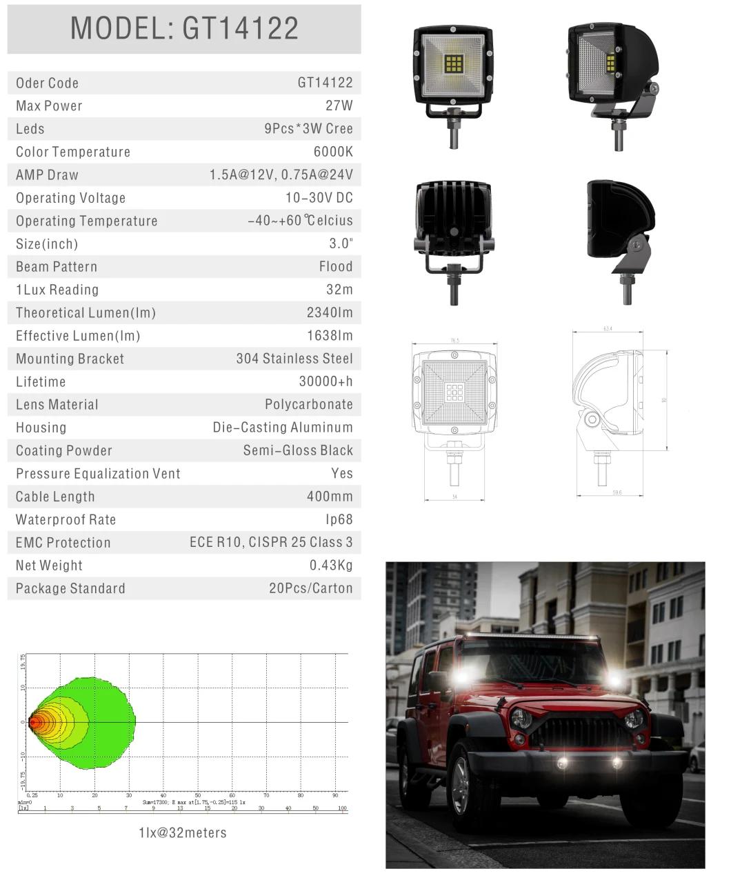 Hot Sale 27W 3inch CREE Square 12V 24V Flood LED Work Light for Offroad Automotive Atvs