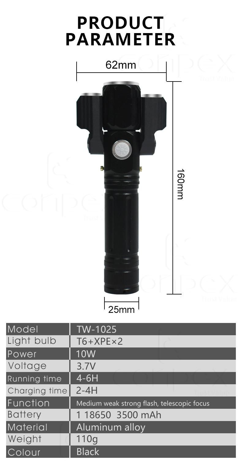 T6 Light Bulbs 18650 Battery Multi Function Zoom & Rotatable USB Rechargeable Aluminum Alloy Flashlight