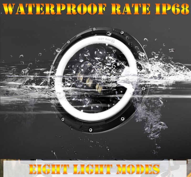 DOT Approved E9 Daymaker 50W 30W Amber Halo Motor 12V 24V Round DRL Angle Eye 7inch 75W Round LED Headlight for Jeep