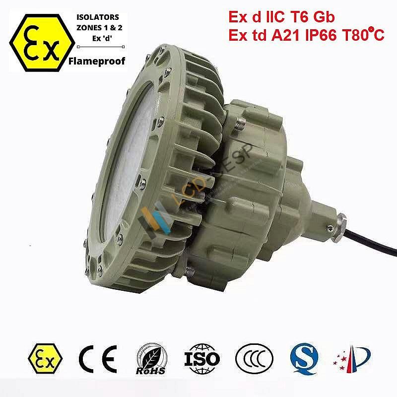 Ex II 2gd Ex D Iic T6 IP Grade IP66 50W 80W 100W >5000lm 4000K CRI>80 5 Years Warranty Asymmetric Beam Angle 90degree X 120degree Square Lamp Form and Fixing
