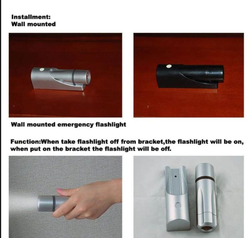 Shenone Wall Mounted Flashlights Guest Room Aluminium Alloy Emergency Flashlight Torch for Hotel